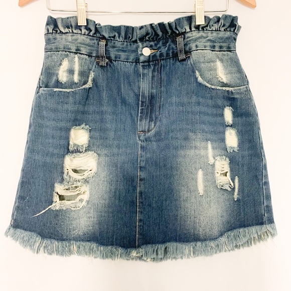 Hayden Paperbag Waist Distressed Blue Denim Mini Skirt/Size Large - Picture 5 of 11